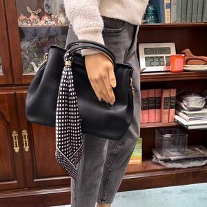 Chic Black Satchel with Polka Dot Scarf